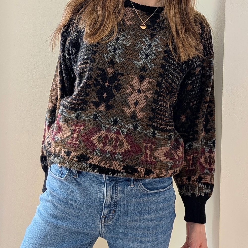 Vintage Abstract Geometric Patterned Wool Blend Crewneck Sweater In Brown/Black